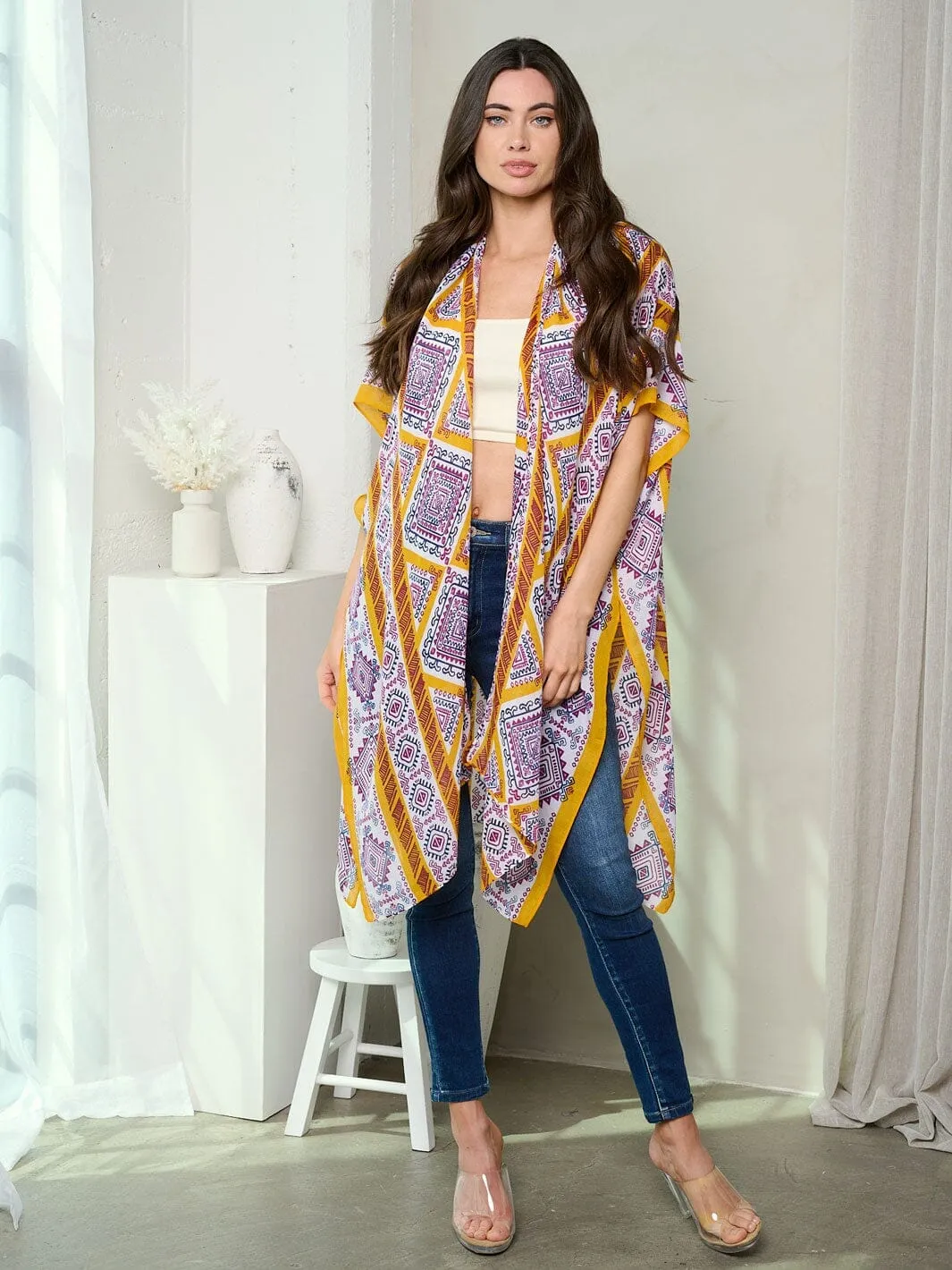 WOMEN'S SHORT SLEEVE OPEN FRONT MULTI PRINT KIMONO