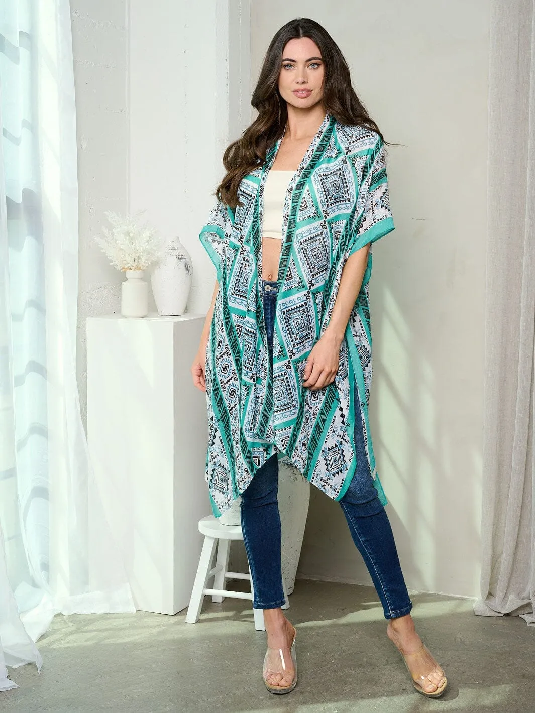 WOMEN'S SHORT SLEEVE OPEN FRONT MULTI PRINT KIMONO
