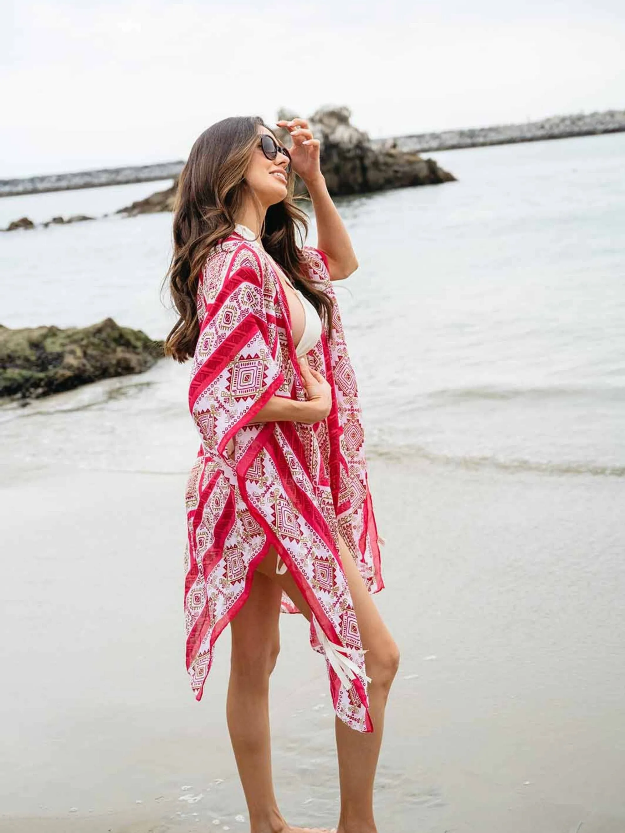 WOMEN'S SHORT SLEEVE OPEN FRONT MULTI PRINT KIMONO