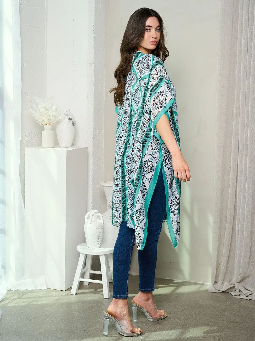WOMEN'S SHORT SLEEVE OPEN FRONT MULTI PRINT KIMONO