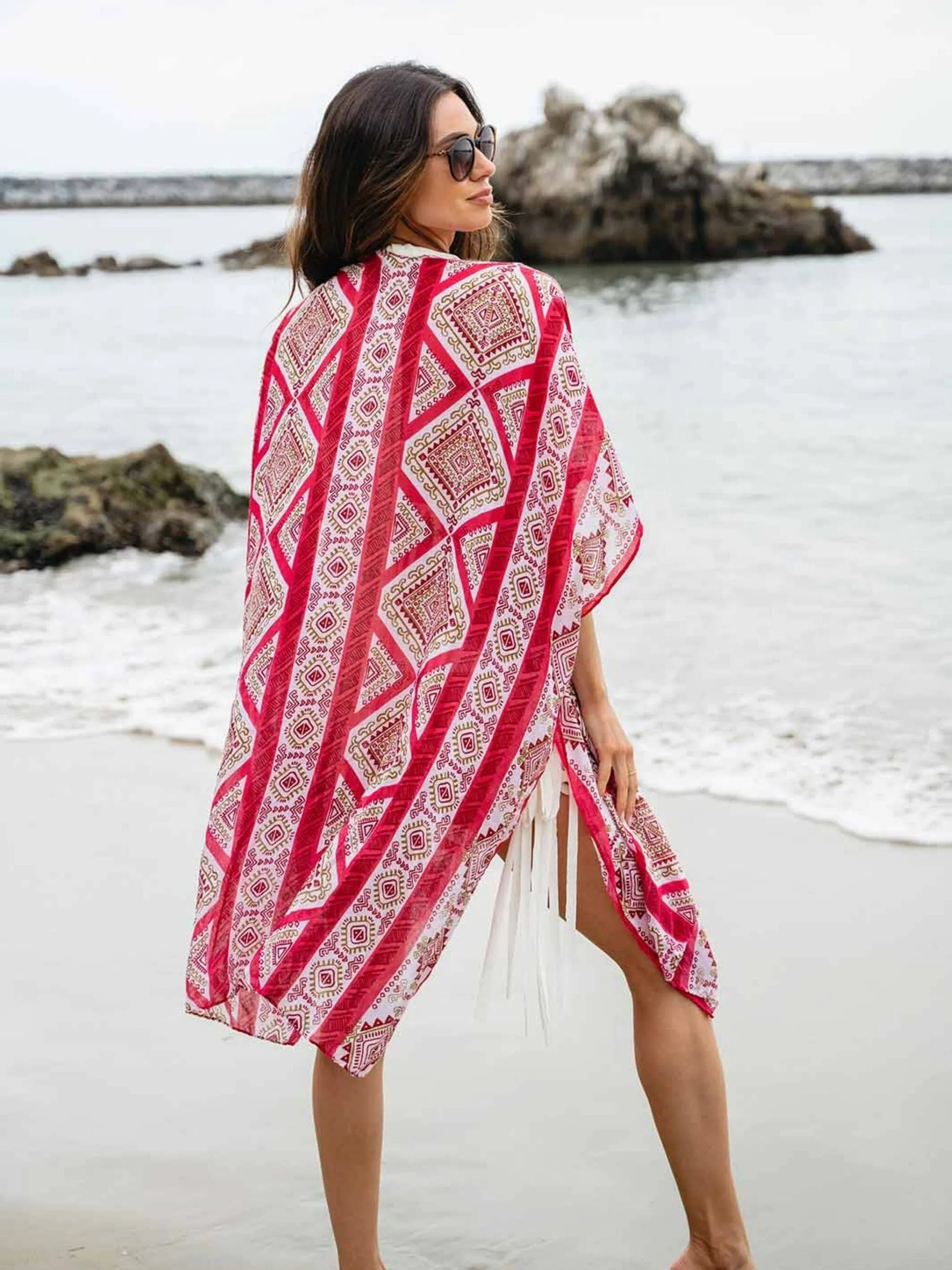 WOMEN'S SHORT SLEEVE OPEN FRONT MULTI PRINT KIMONO