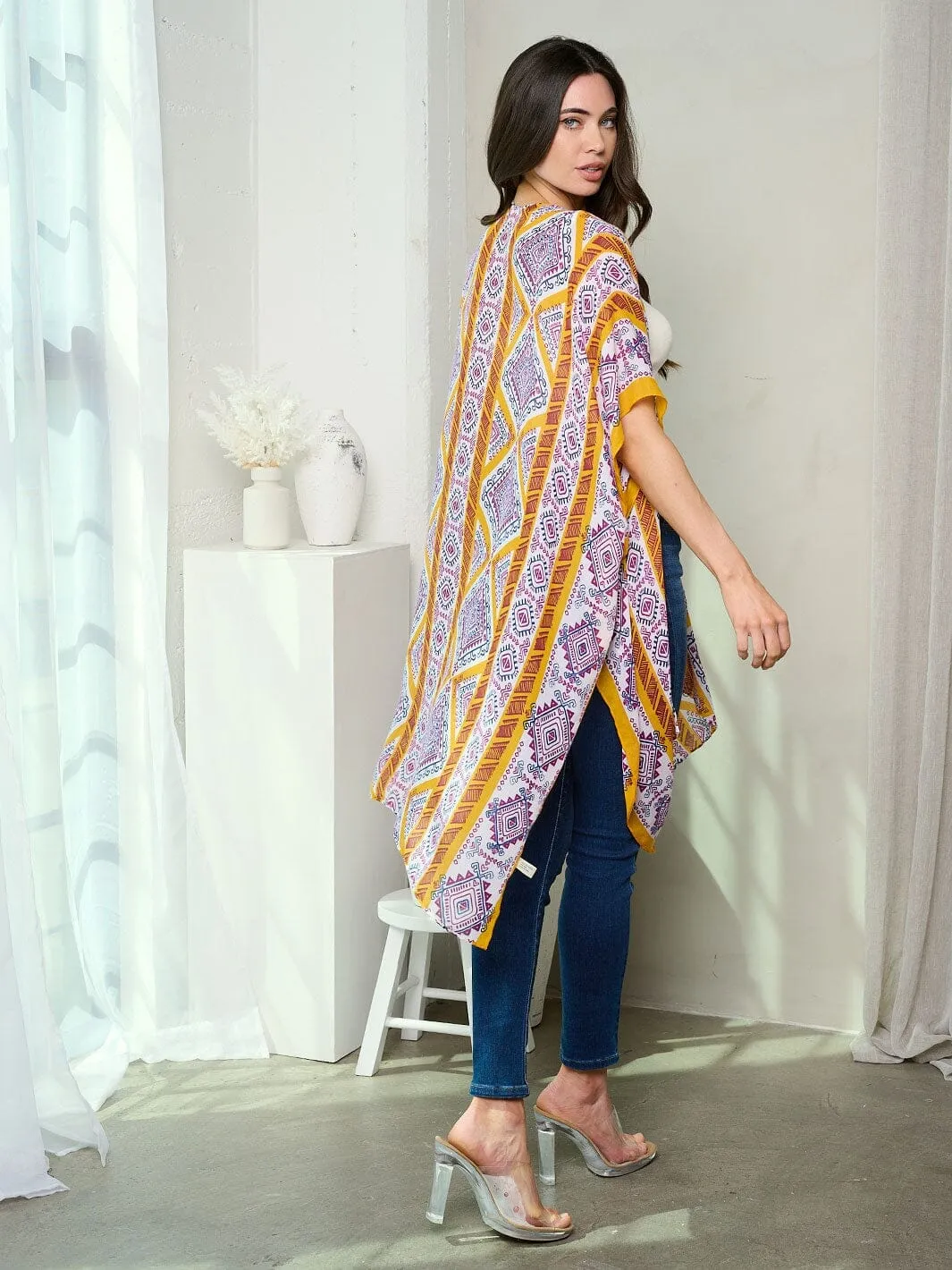 WOMEN'S SHORT SLEEVE OPEN FRONT MULTI PRINT KIMONO