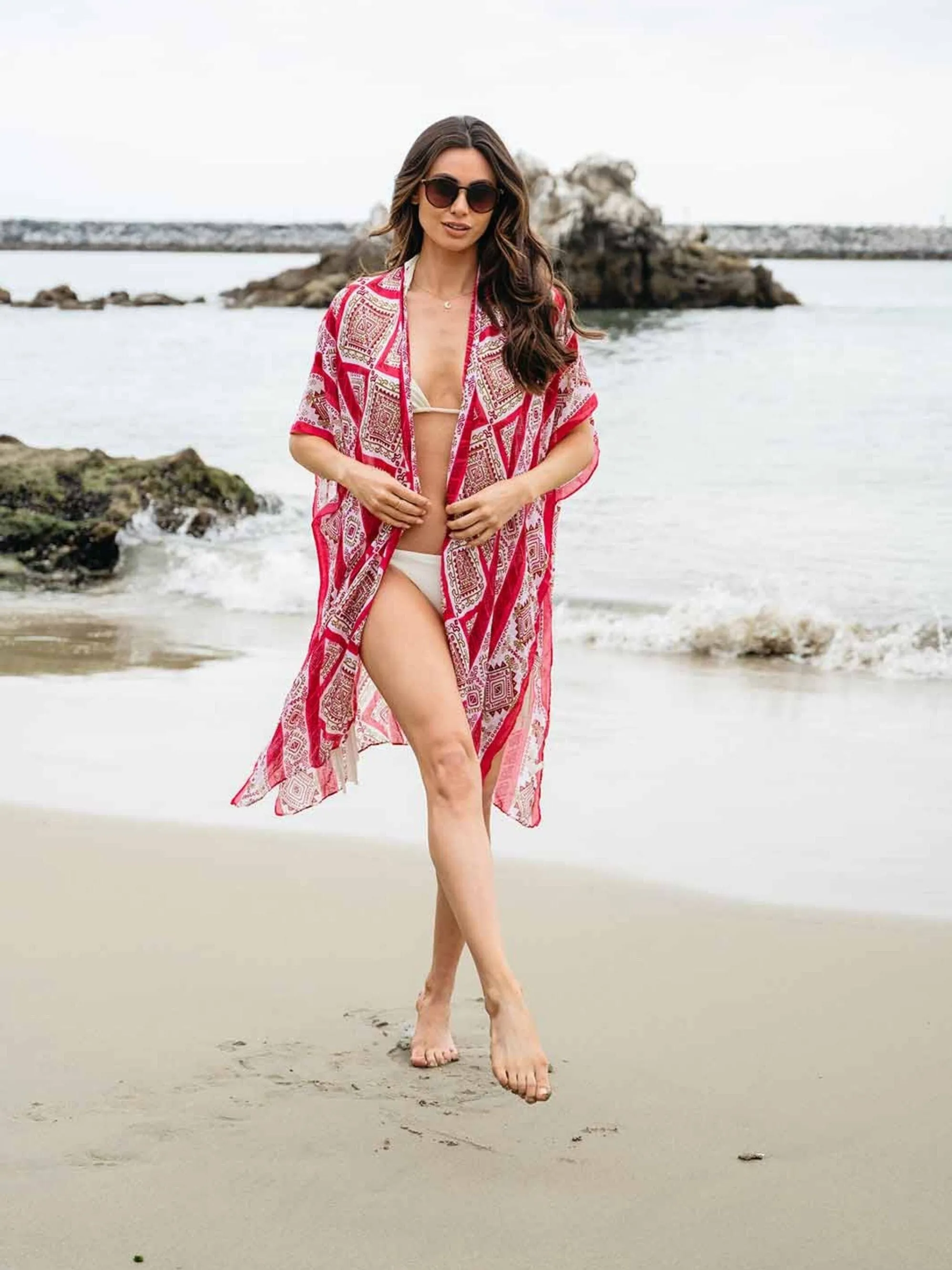 WOMEN'S SHORT SLEEVE OPEN FRONT MULTI PRINT KIMONO