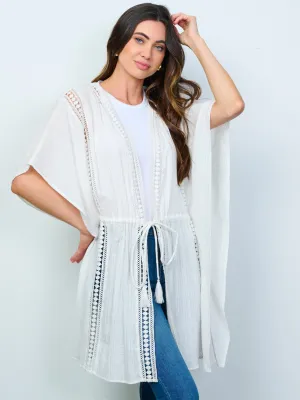 WOMEN'S SHORT SLEEVE OPEN FRONT SELF TIE DETAILED KIMONO
