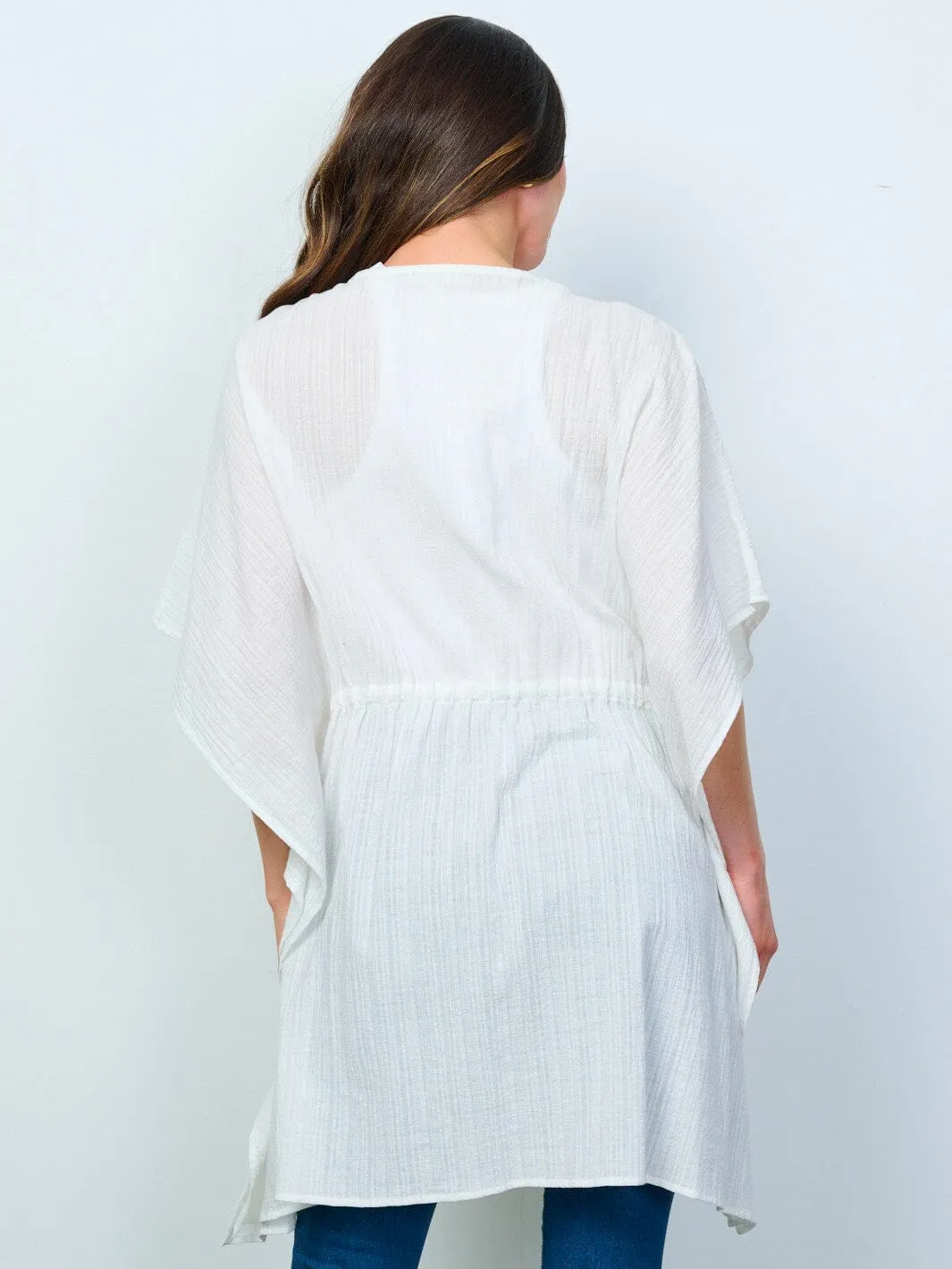 WOMEN'S SHORT SLEEVE OPEN FRONT SELF TIE DETAILED KIMONO