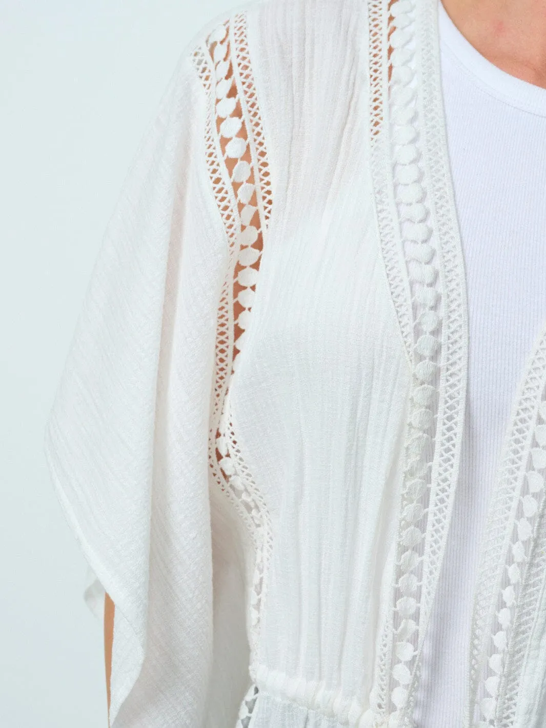 WOMEN'S SHORT SLEEVE OPEN FRONT SELF TIE DETAILED KIMONO