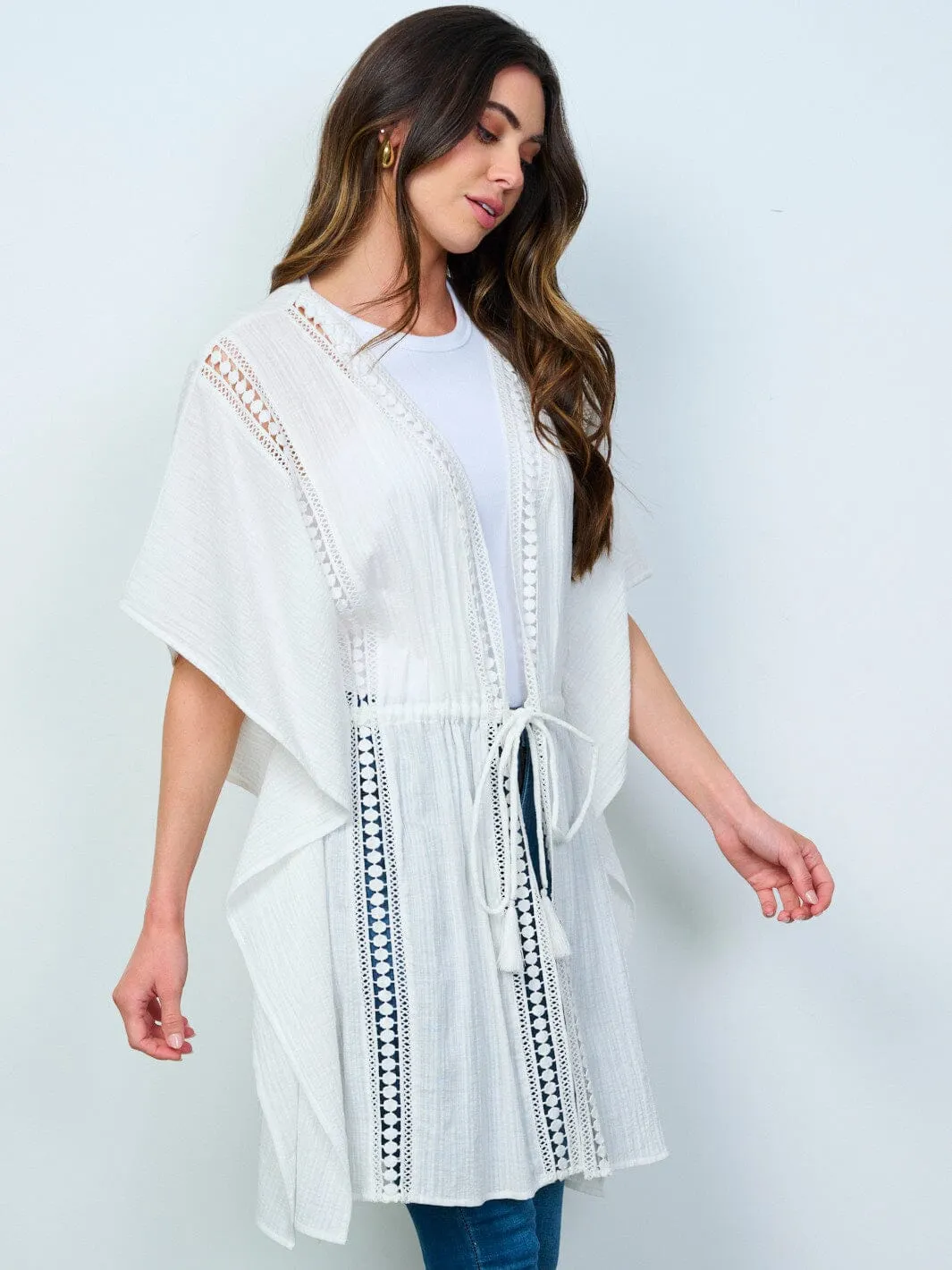 WOMEN'S SHORT SLEEVE OPEN FRONT SELF TIE DETAILED KIMONO