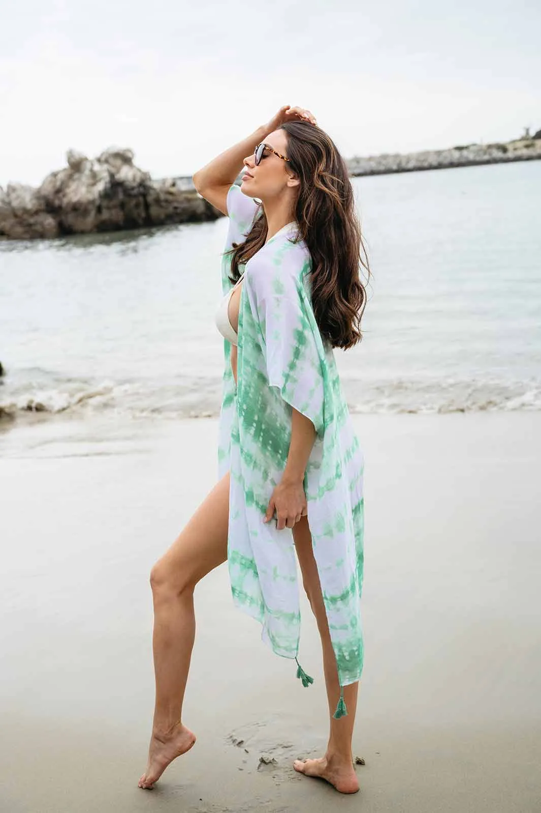WOMEN'S SHORT SLEEVE OPEN FRONT TASSEL DETAILED TYE DIE KIMONO