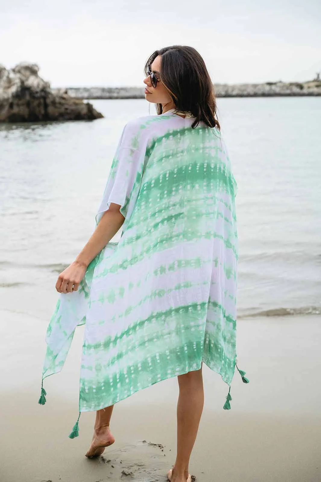 WOMEN'S SHORT SLEEVE OPEN FRONT TASSEL DETAILED TYE DIE KIMONO