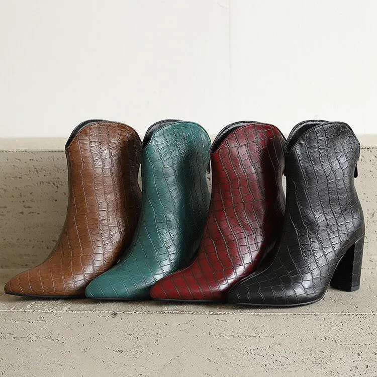 Women's Snake Pattern Pointed Toe Block Heel Western Short Boots