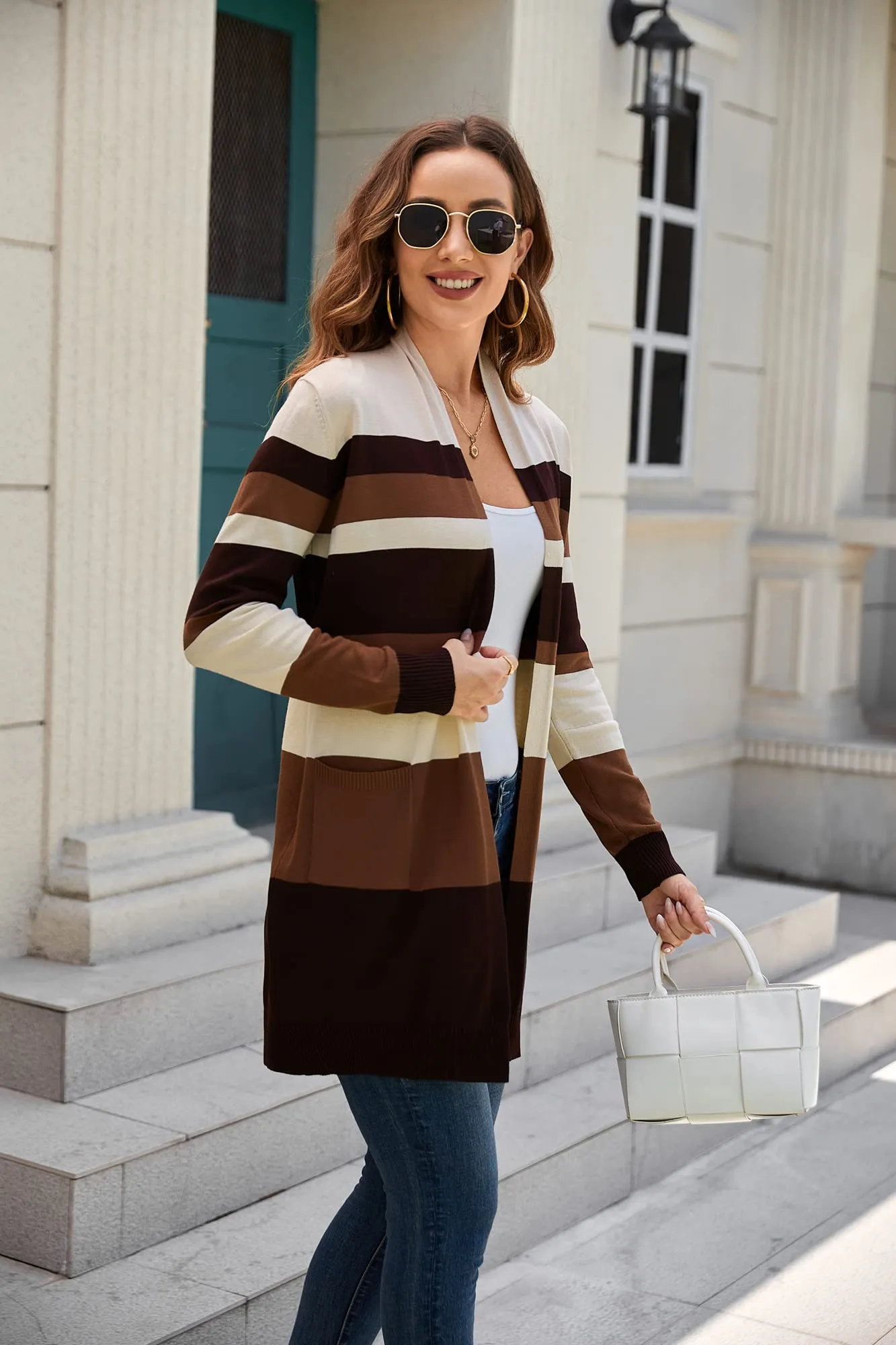 Women's Striped Open Front Knit Cardigan Sweaters