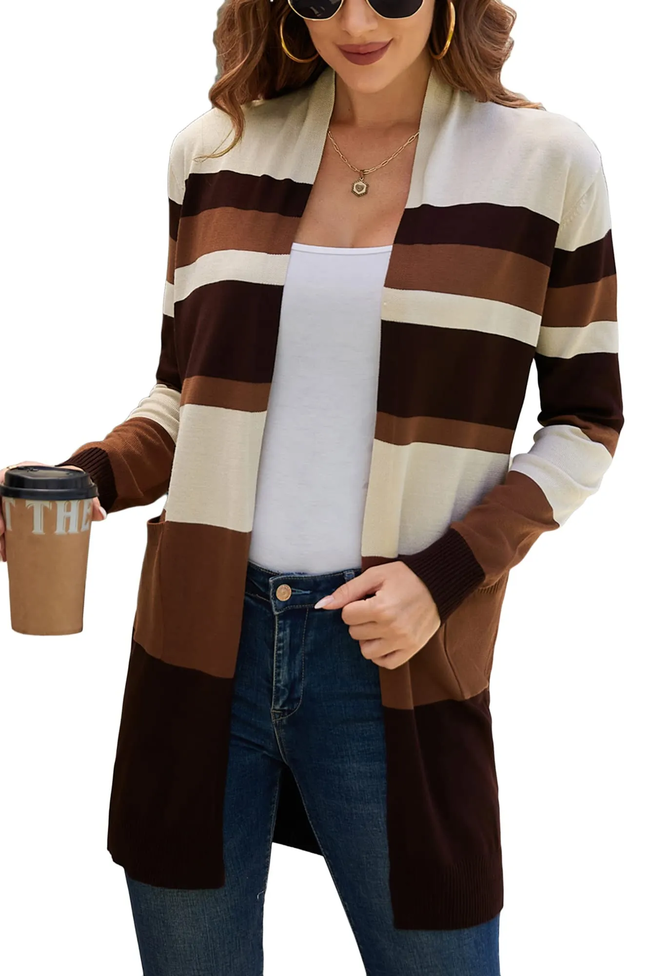 Women's Striped Open Front Knit Cardigan Sweaters