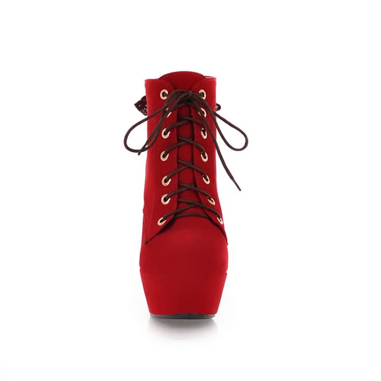 Women's  Suede Round Toe Lace Up Back Tied Stiletto Heel Platform Short Boots