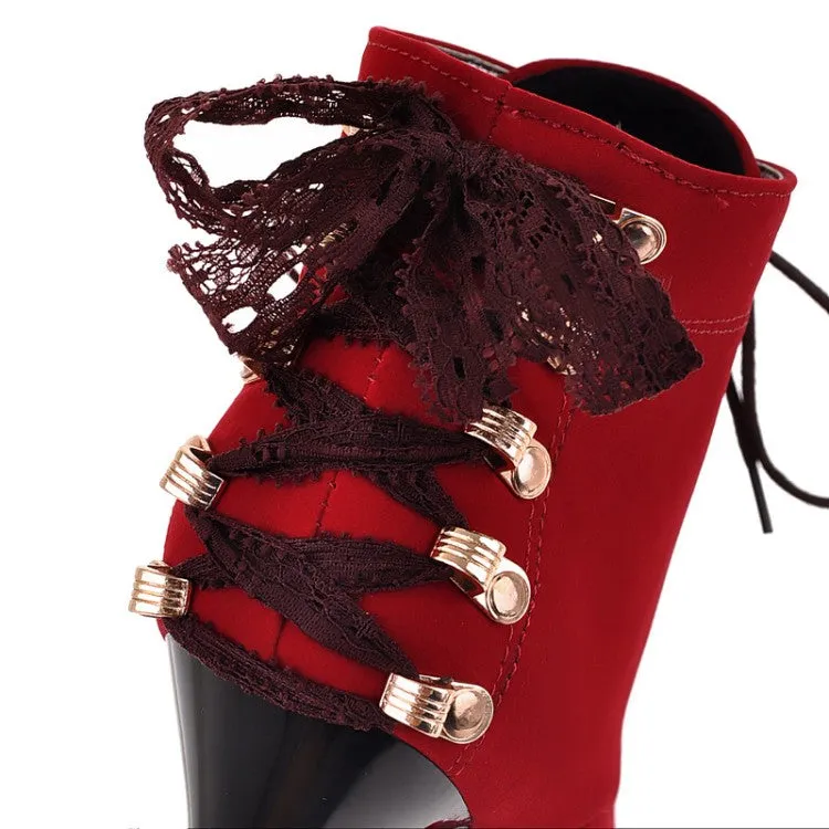 Women's  Suede Round Toe Lace Up Back Tied Stiletto Heel Platform Short Boots