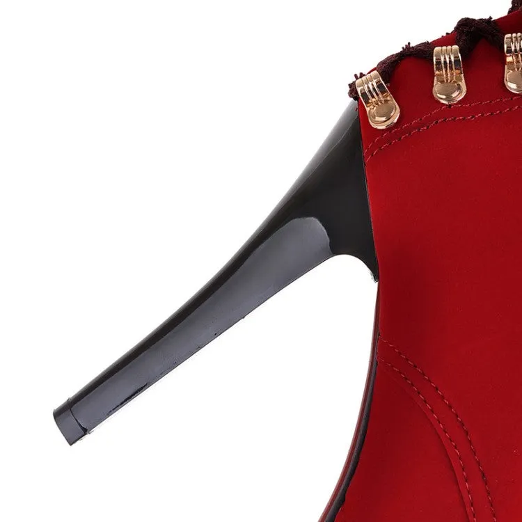 Women's  Suede Round Toe Lace Up Back Tied Stiletto Heel Platform Short Boots