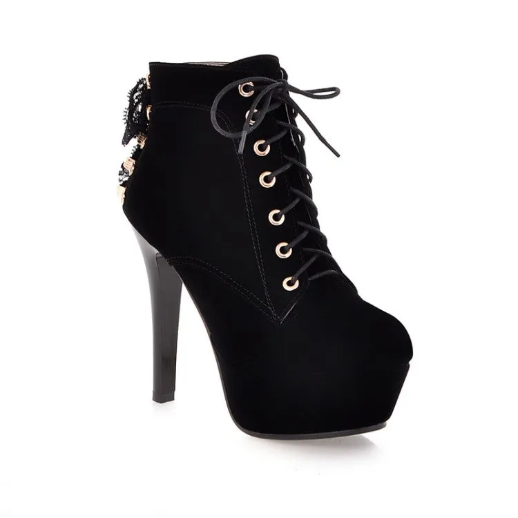 Women's  Suede Round Toe Lace Up Back Tied Stiletto Heel Platform Short Boots