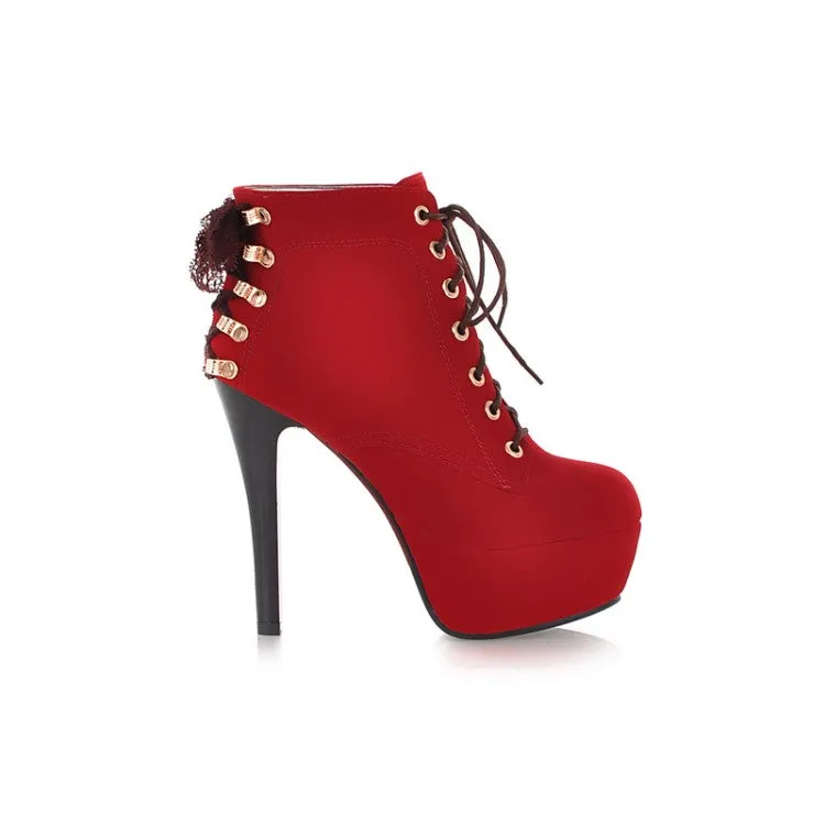 Women's  Suede Round Toe Lace Up Back Tied Stiletto Heel Platform Short Boots