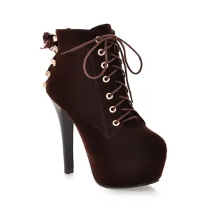 Women's  Suede Round Toe Lace Up Back Tied Stiletto Heel Platform Short Boots