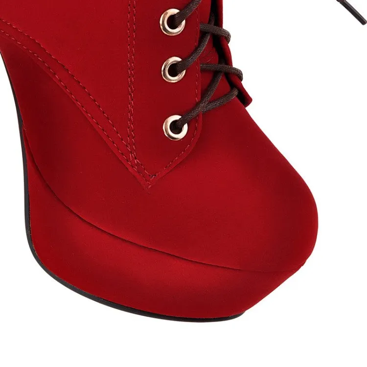 Women's  Suede Round Toe Lace Up Back Tied Stiletto Heel Platform Short Boots