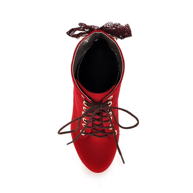 Women's  Suede Round Toe Lace Up Back Tied Stiletto Heel Platform Short Boots