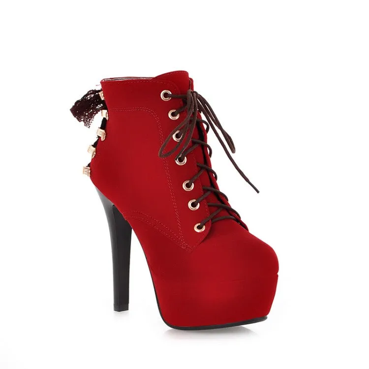 Women's  Suede Round Toe Lace Up Back Tied Stiletto Heel Platform Short Boots