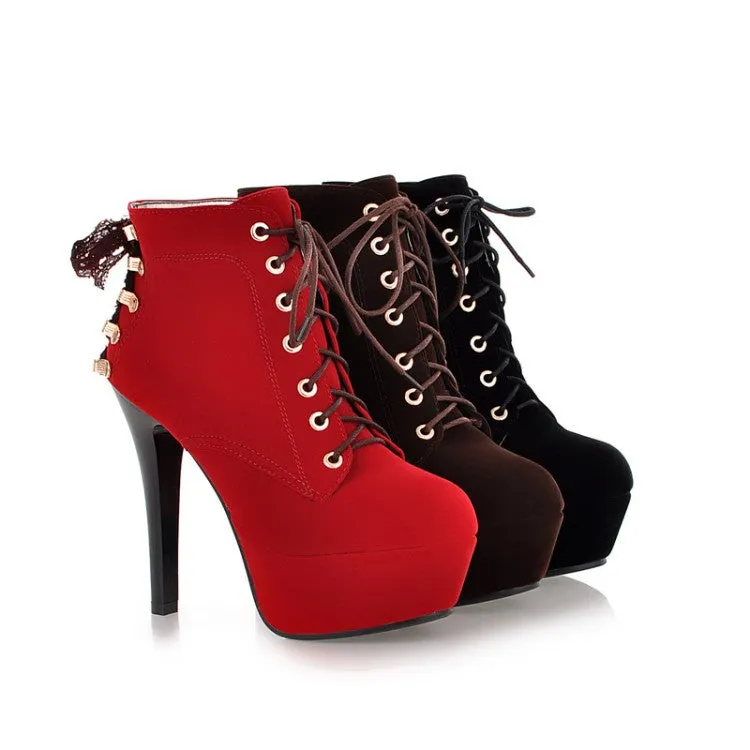 Women's  Suede Round Toe Lace Up Back Tied Stiletto Heel Platform Short Boots