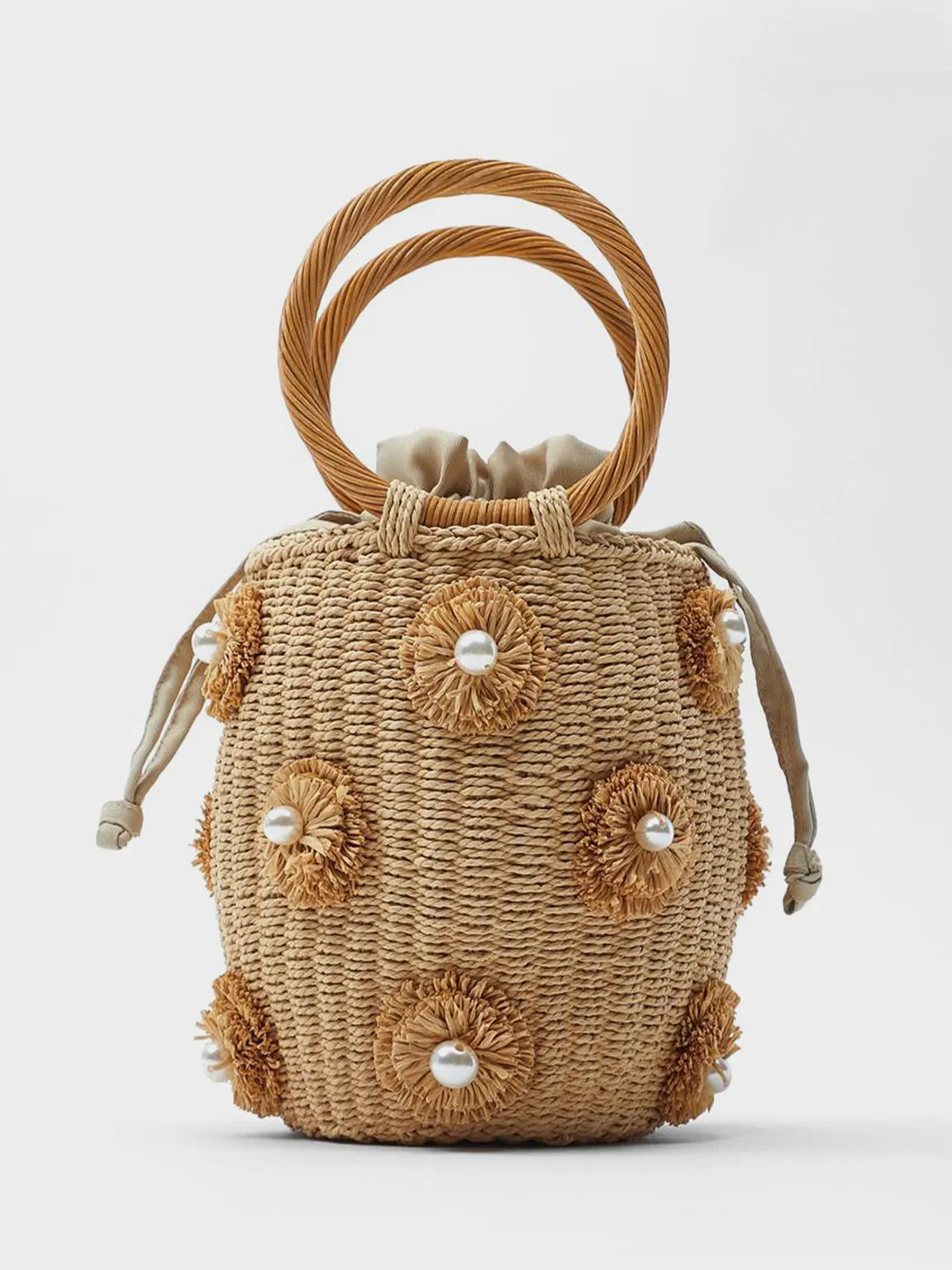 Women's Summer Straw Braided Basket Bag Open-top Petit Bucket Handbag Round Handle Pearls Embellishment