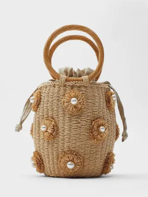 Women's Summer Straw Braided Basket Bag Open-top Petit Bucket Handbag Round Handle Pearls Embellishment