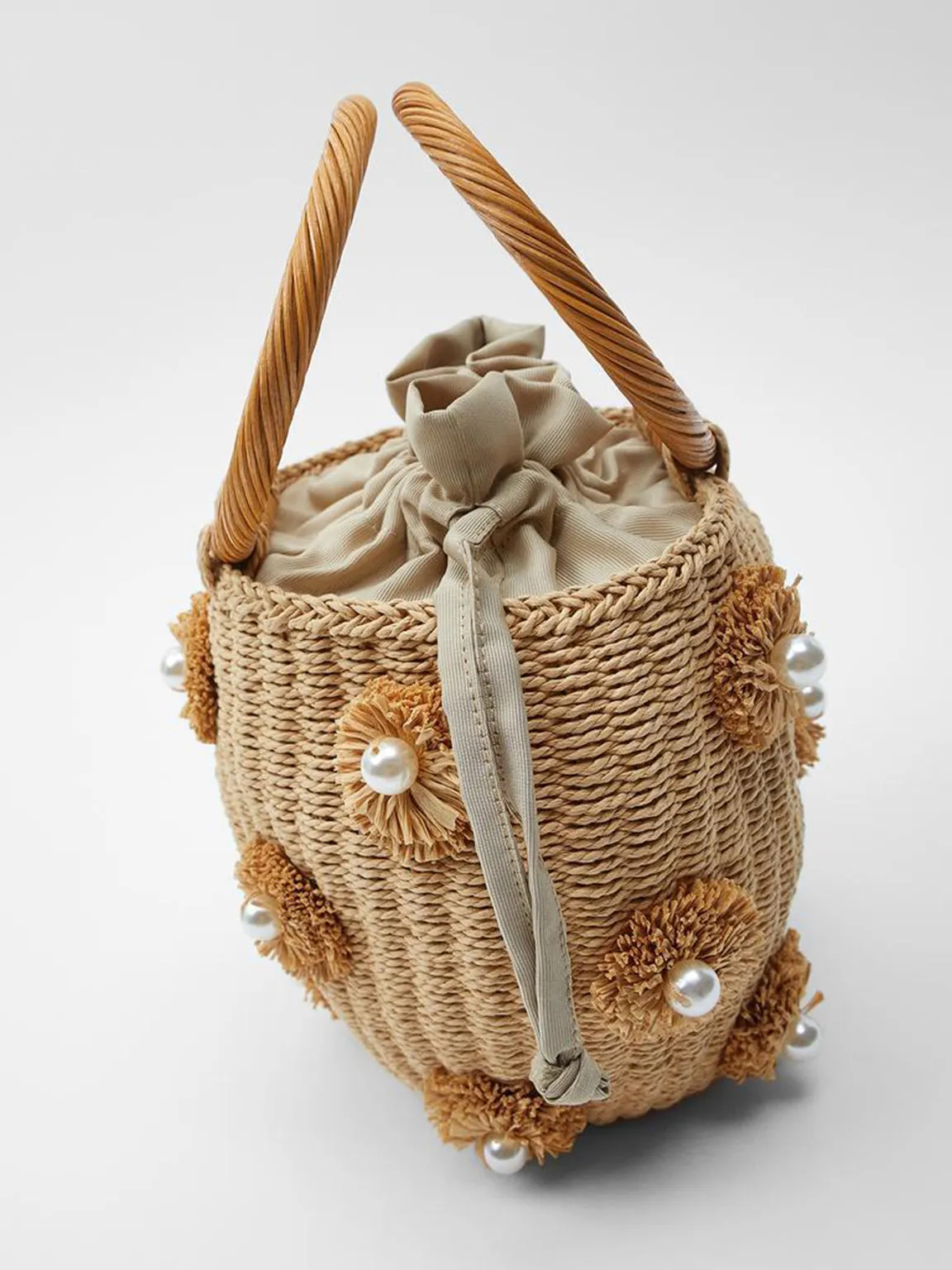 Women's Summer Straw Braided Basket Bag Open-top Petit Bucket Handbag Round Handle Pearls Embellishment