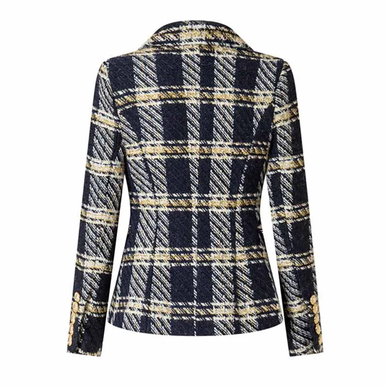 Women's Vintage Double Breasted Blazer Black & Yellow Houndstooth Blazers