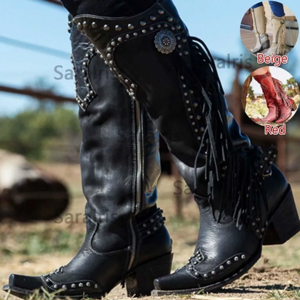 Womens Vintage Tassled Knight Boots Cowboy Boots