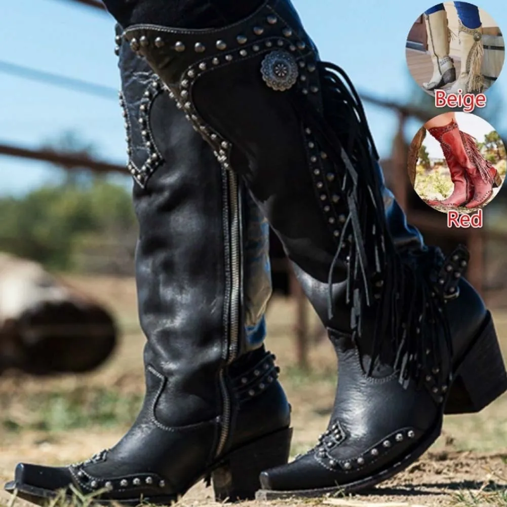 Womens Vintage Tassled Knight Boots Cowboy Boots