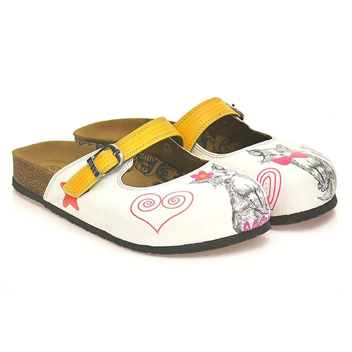 Yellow-Orange Round Patterned and White, Pink Flowered Cat Patterned Clogs - CAL805