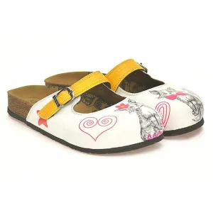 Yellow-Orange Round Patterned and White, Pink Flowered Cat Patterned Clogs - CAL805