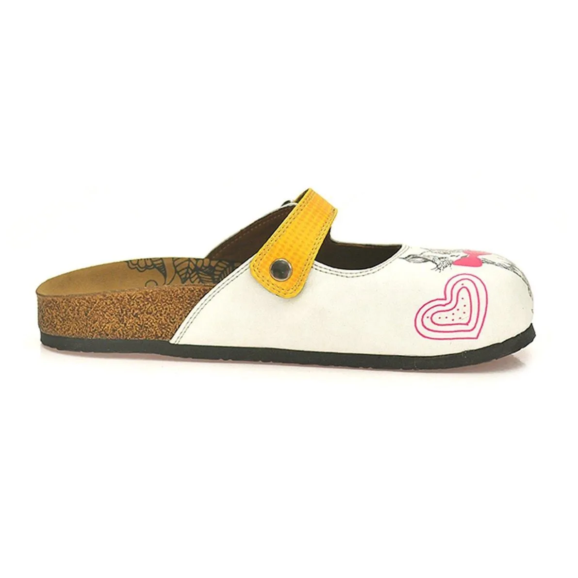 Yellow-Orange Round Patterned and White, Pink Flowered Cat Patterned Clogs - CAL805