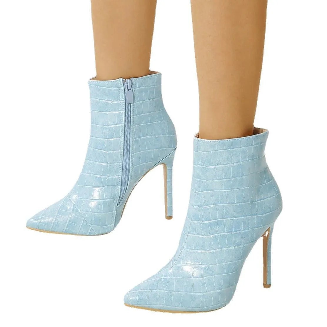 YSC Pointed Toe Ankle Boots in Pink Crocodile Print