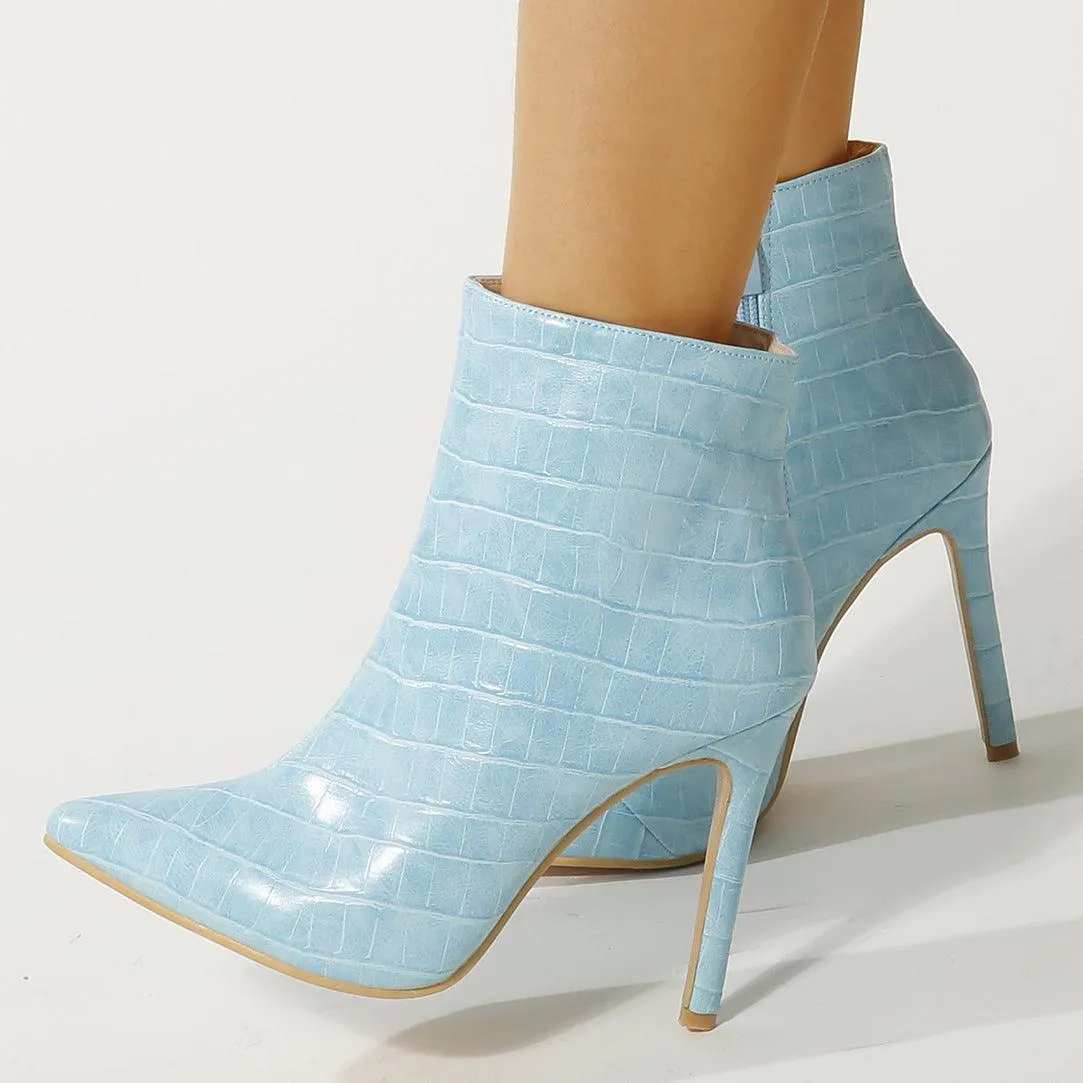 YSC Pointed Toe Ankle Boots in Pink Crocodile Print